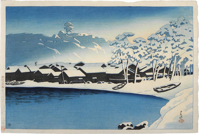 Hasui Kawase - Souvenirs of Travel, Second Series: Dawn snow at the port of Ogi, Sado (Tabi miyage dainishu: Yuki no akebono [Sado Ogi wan])