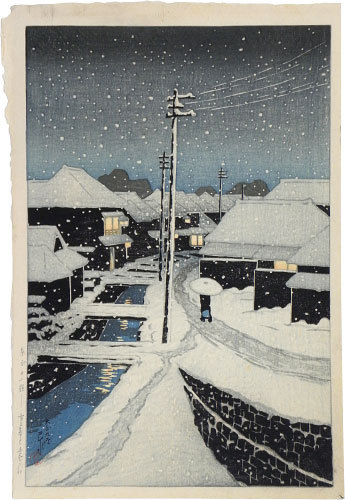 Hasui Kawase - Twelve Scenes of Tokyo: Evening Snow at Terajima Village (Tokyo Junikkei: Kure no yuki Terajima mura)