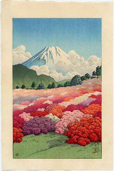 Hasui Kawase - View of an Azalea Garden and Mt Fuji