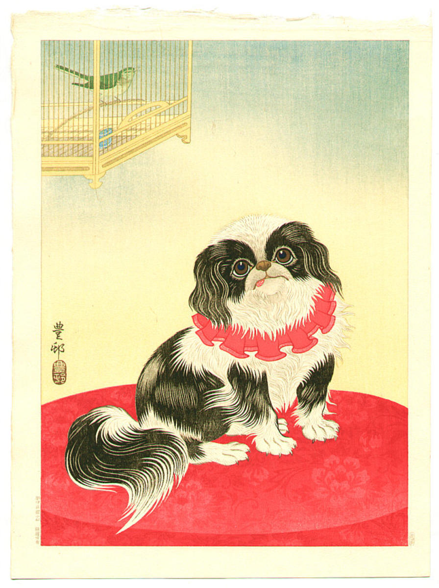 Ohara Koson - Pekingese Dog and Bush Warbler