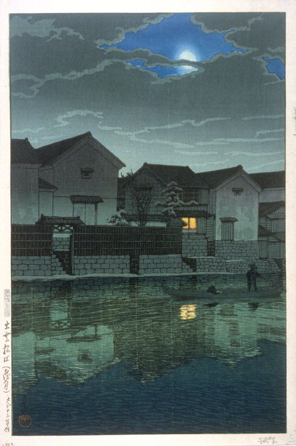 Hasui Kawase - Hazy Moon at Matsue in Isumo