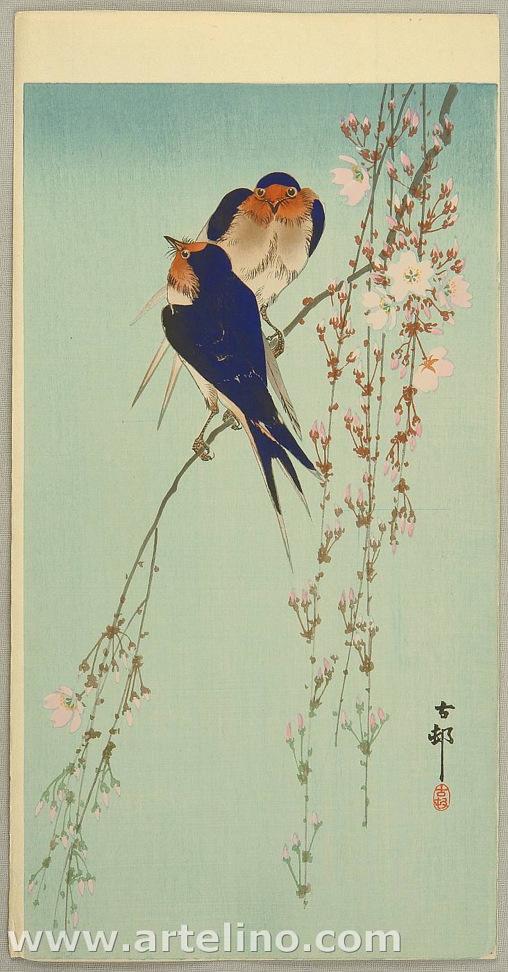 Ohara Koson - Swallows and Hanging Cherry Blossoms