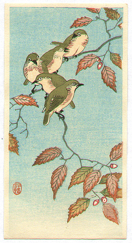 Ohara Koson - Five Small Birds Perch on Acorn Tree