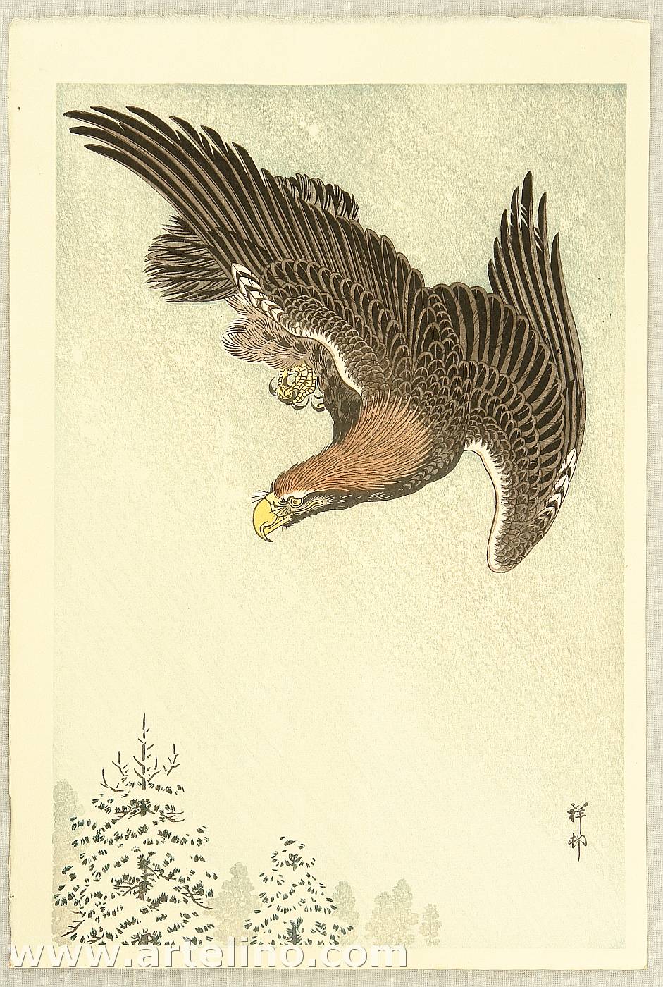 Ohara Koson - Eagle in Flight against Snowy Sky