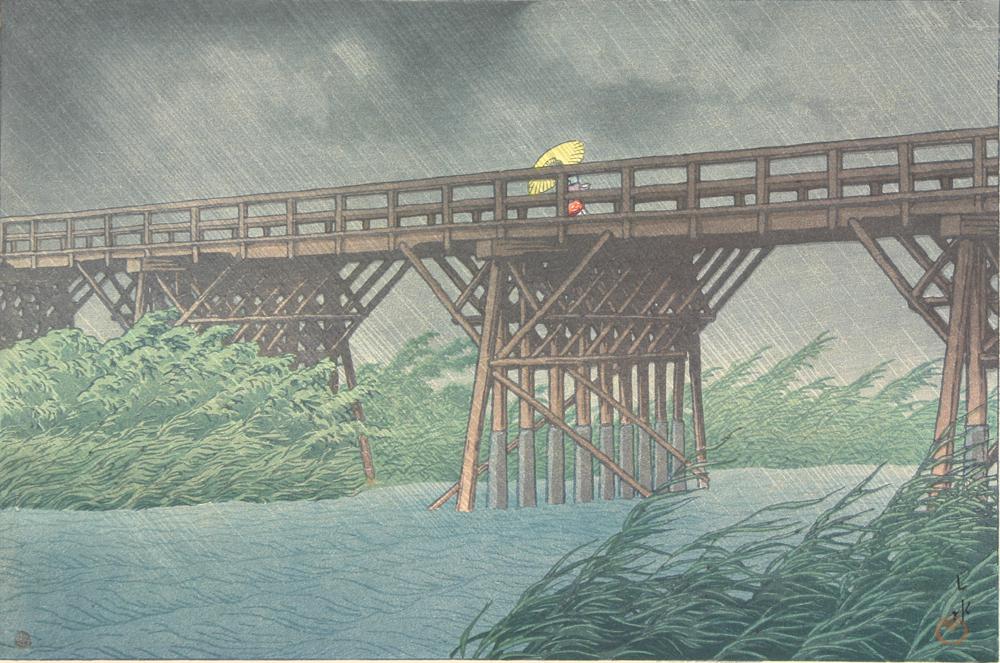 Hasui Kawase - Evening Shower at Imai Bridge