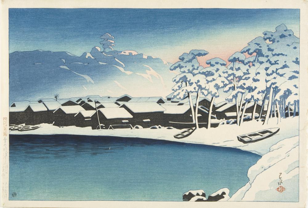 Hasui Kawase - Snowy Dawn at the Port of Ogi, Sado, from the series Souvenirs of Travel, Second Series