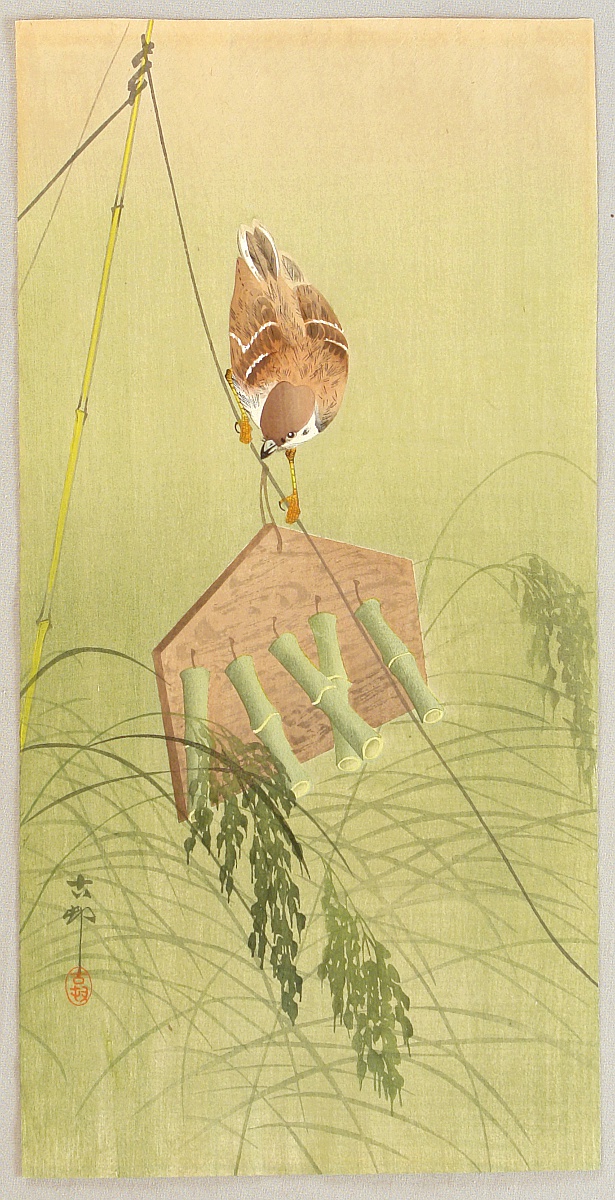 Ohara Koson - Sparrow on Scarecrow