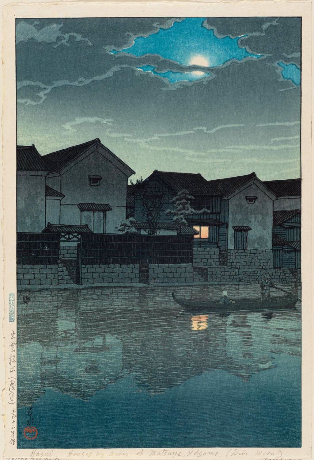 Hasui Kawase - Misty Moonlight at Matsue in Izumo Province (Izumo Matsue [oborozuki]), from the series Souvenirs of Travel III (Tabi miyage dai sanshû)