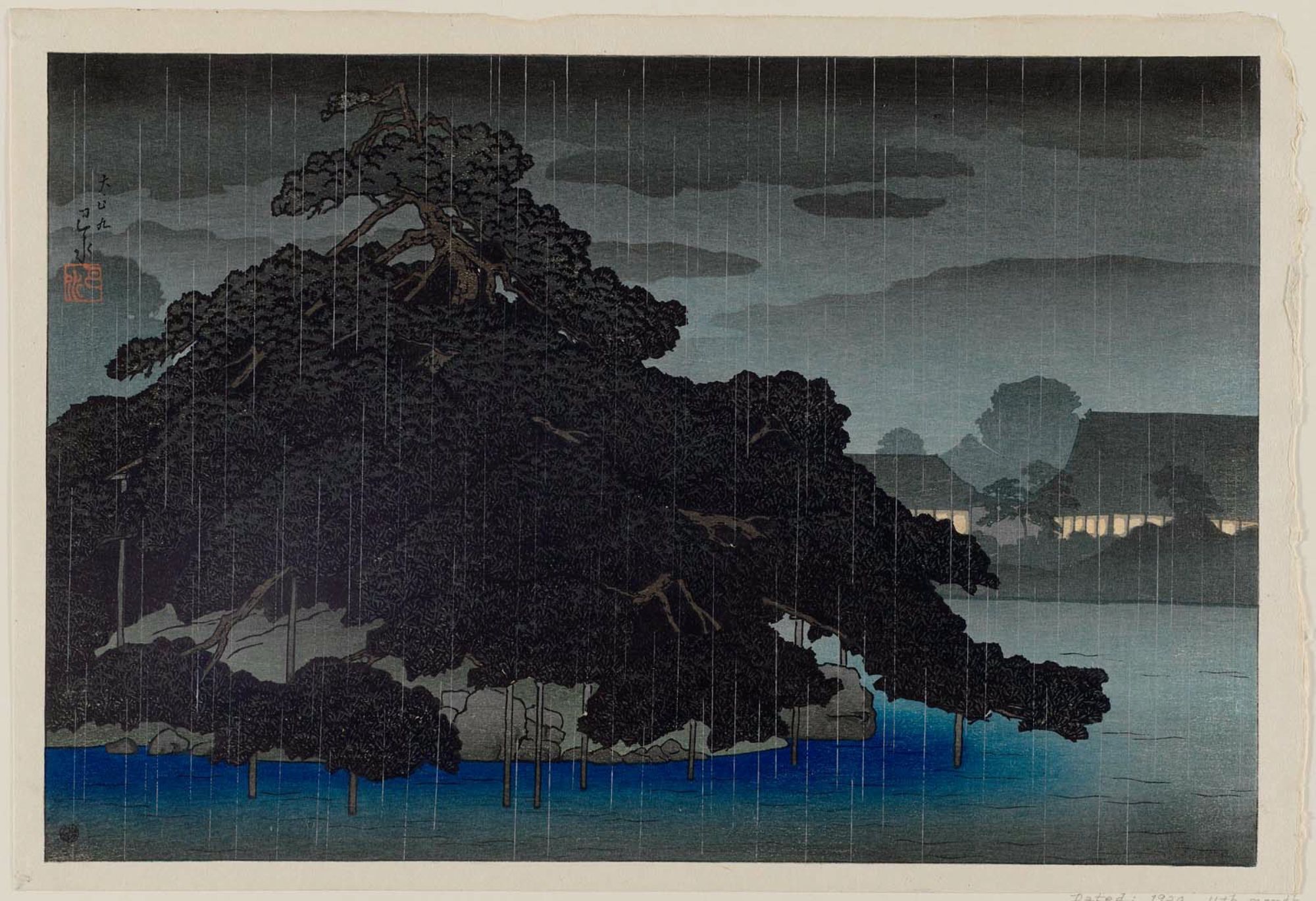 Hasui Kawase - Evening Rain on the Pine Island, from an untitled series of views of the Mitsubishi villa in Fukagawa