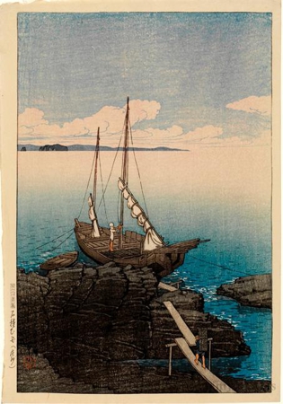 Hasui Kawase - A Boat Laden with Masonry, Böshü