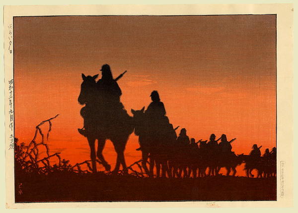 Hasui Kawase - Sunset- advance of the cavalry in Manchuria