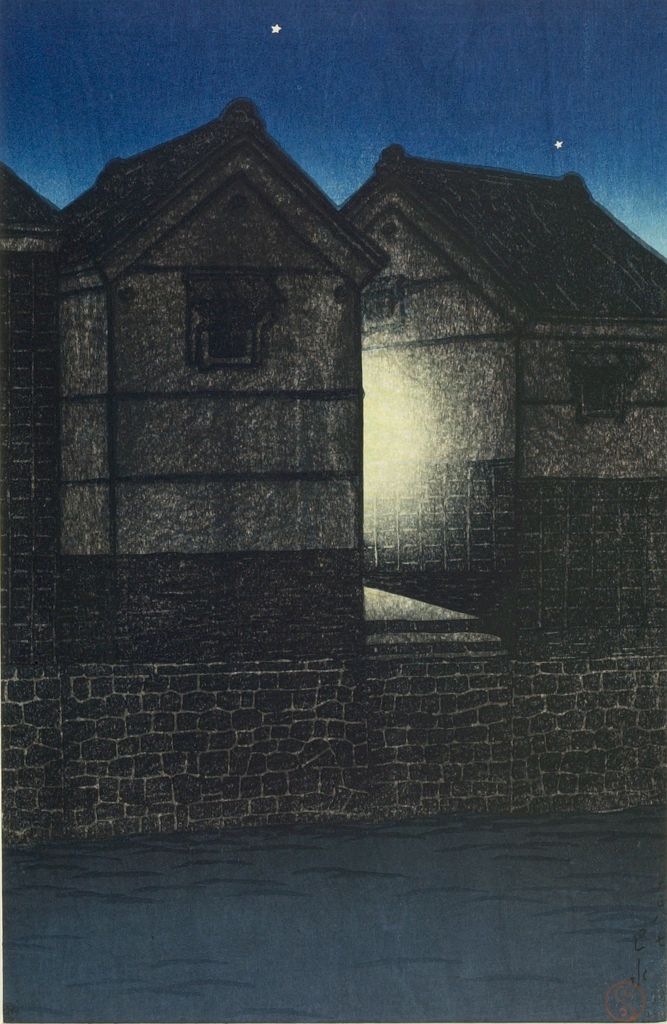 Hasui Kawase - Shinkawa at Night (Yoru no Shinkawa), from the series Twelve Tokyo Subjects (Tokyo jûnidai), Taishô period, dated 1919