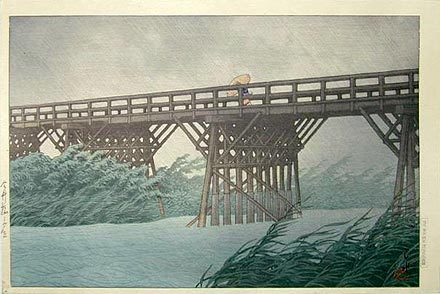 Hasui Kawase - Sudden Shower at Imai Bridge (Imaibashi no yudachi)