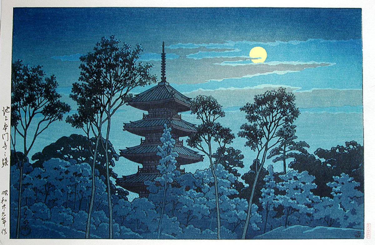 Hasui Kawase - Pagoda at Ikegami Hommonji (temple)