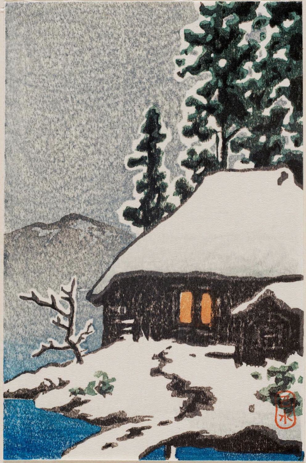 Hasui Kawase - Farmhouse Under Snowy Trees at Evening