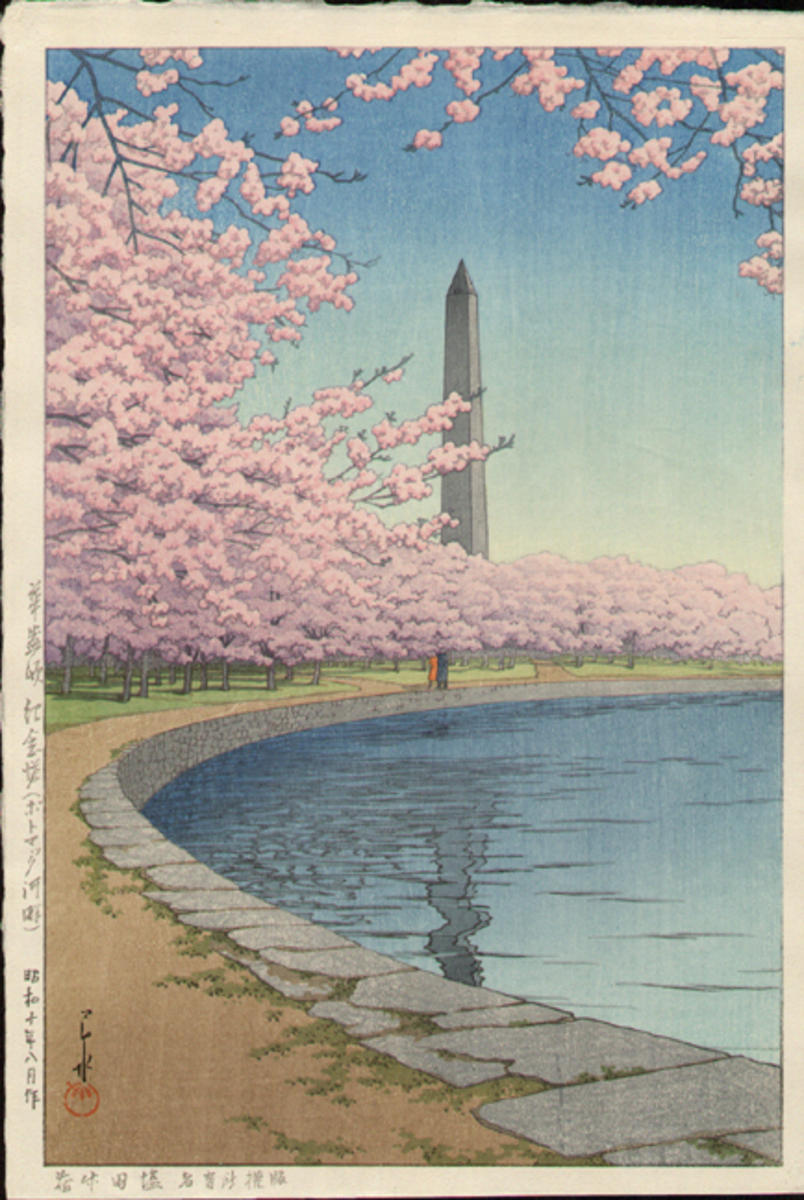 Hasui Kawase - Washington Monument on the Potomac River — Washington kineto Potomakku kahan