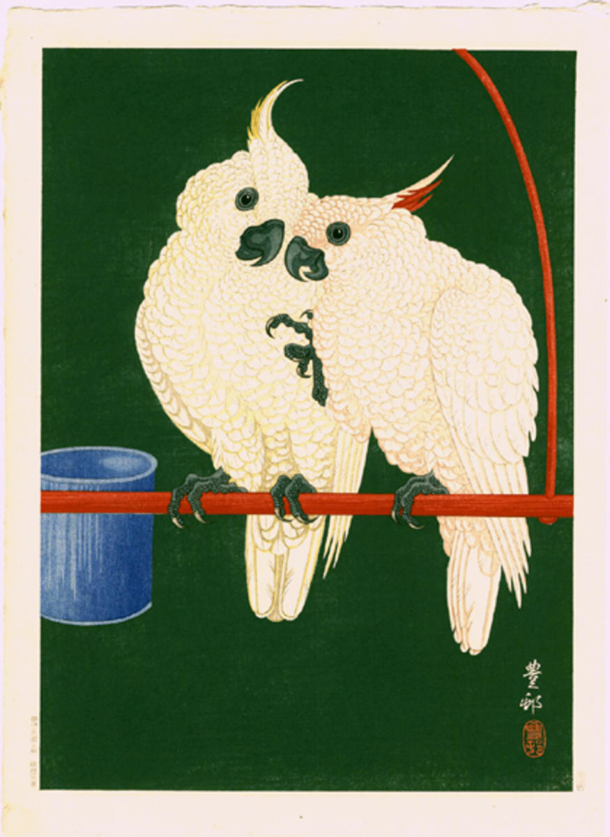 Ohara Koson - Two White Cockatoos on Red Bar