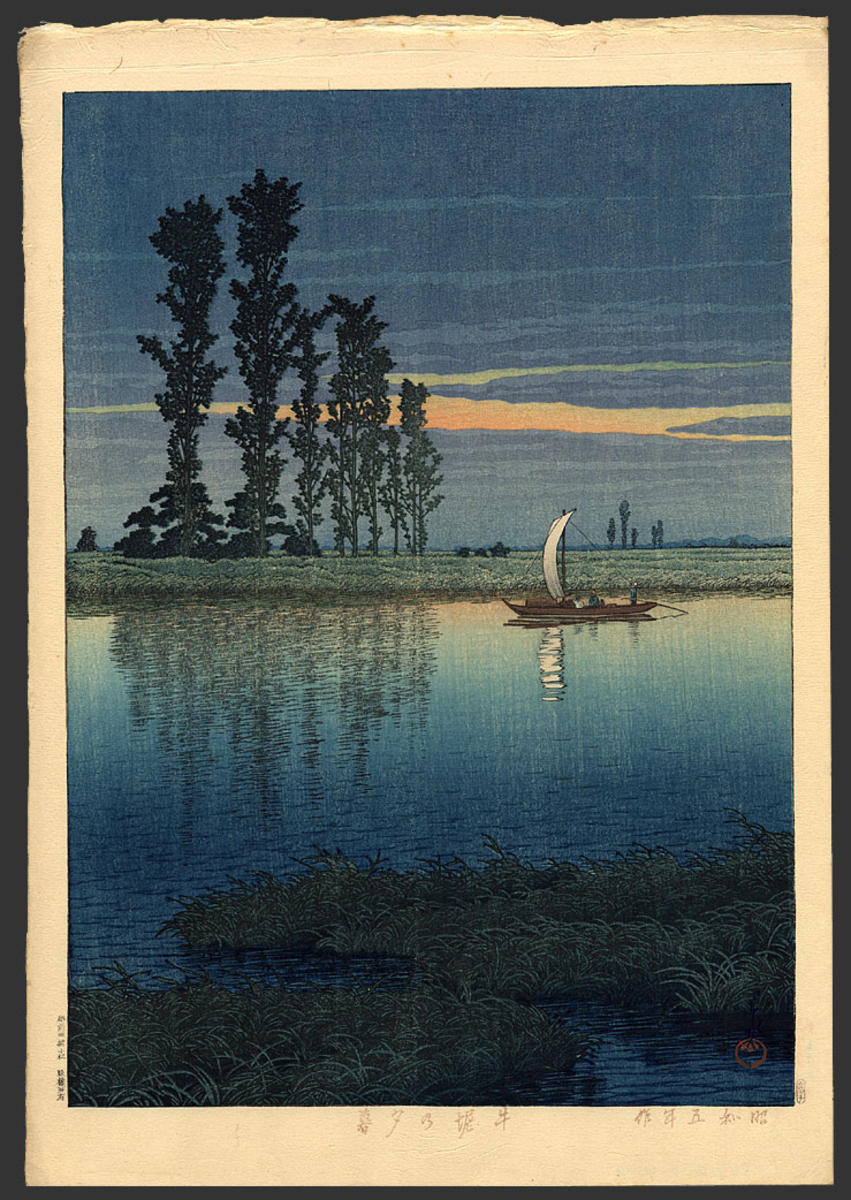 Hasui Kawase - Evening at Ushibori – Twilight at Ushibori