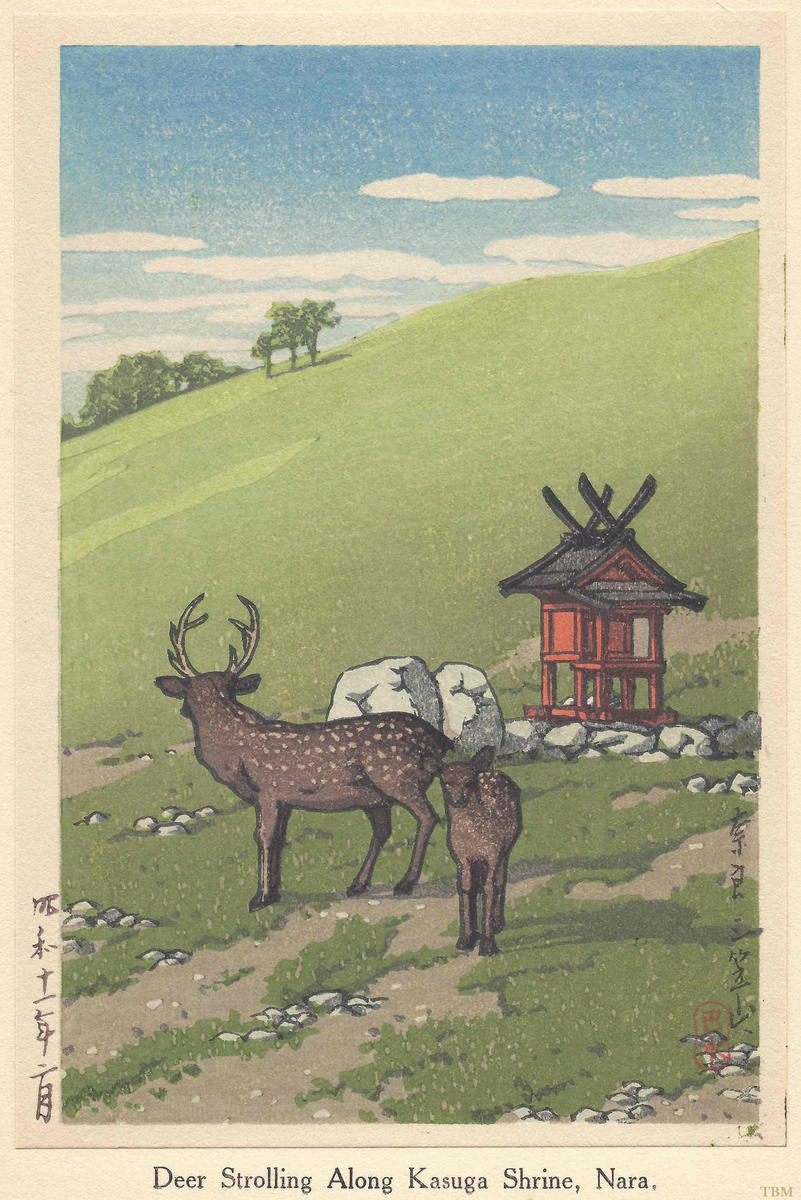 Hasui Kawase - Deer Strolling along Kasuga Shrine, Nara