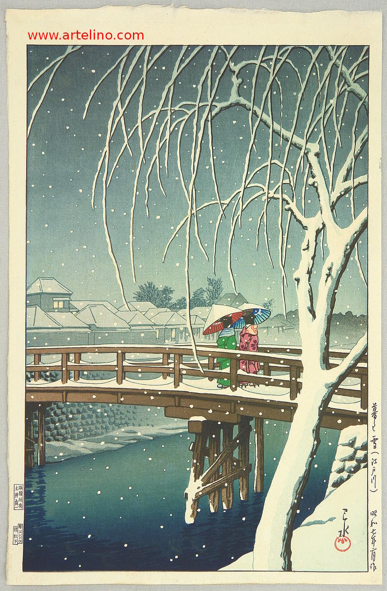 Hasui Kawase - Evening Snow at Edogawa