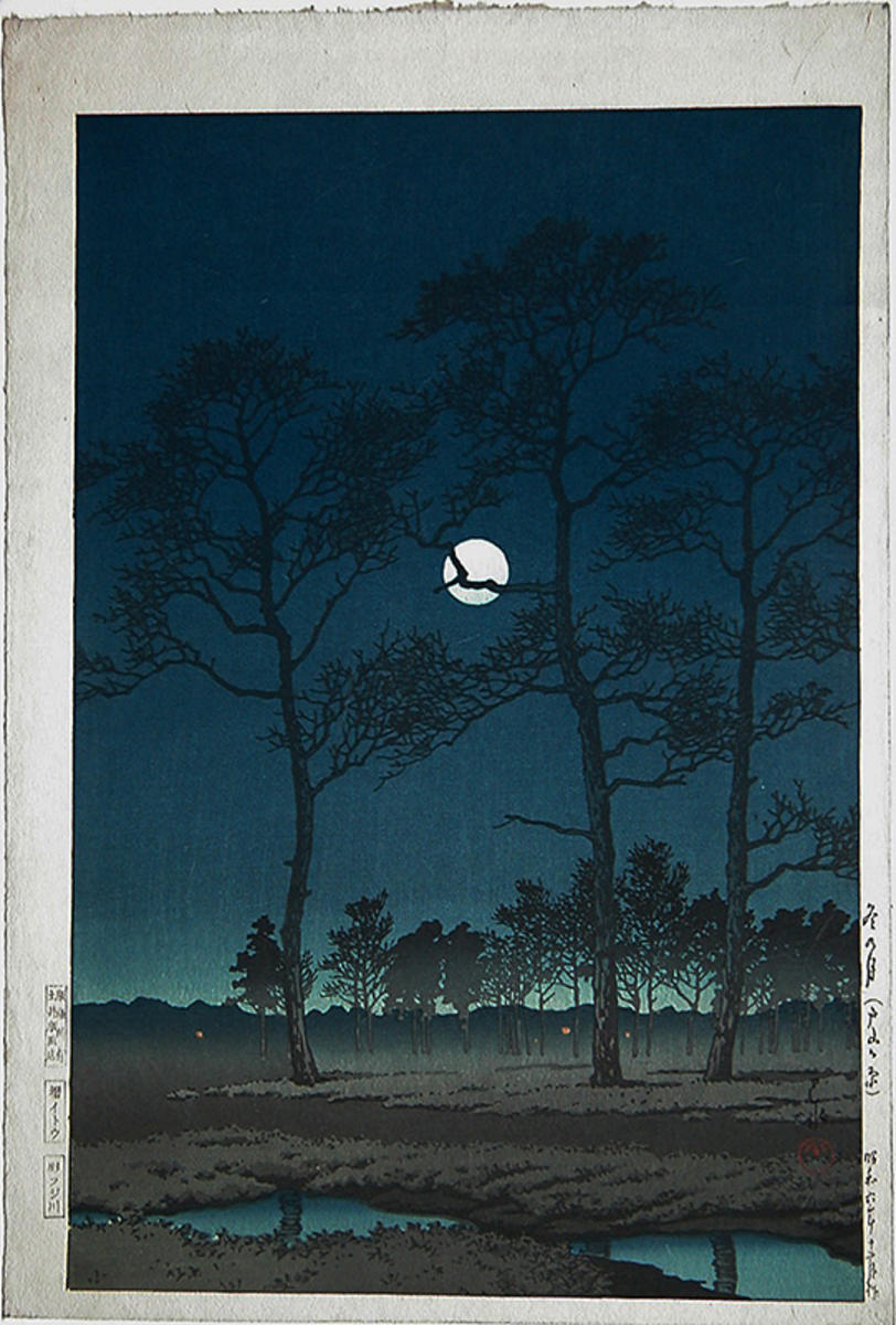 Hasui Kawase - Winter Moon at Toyamagahara — 戸山ヶ原