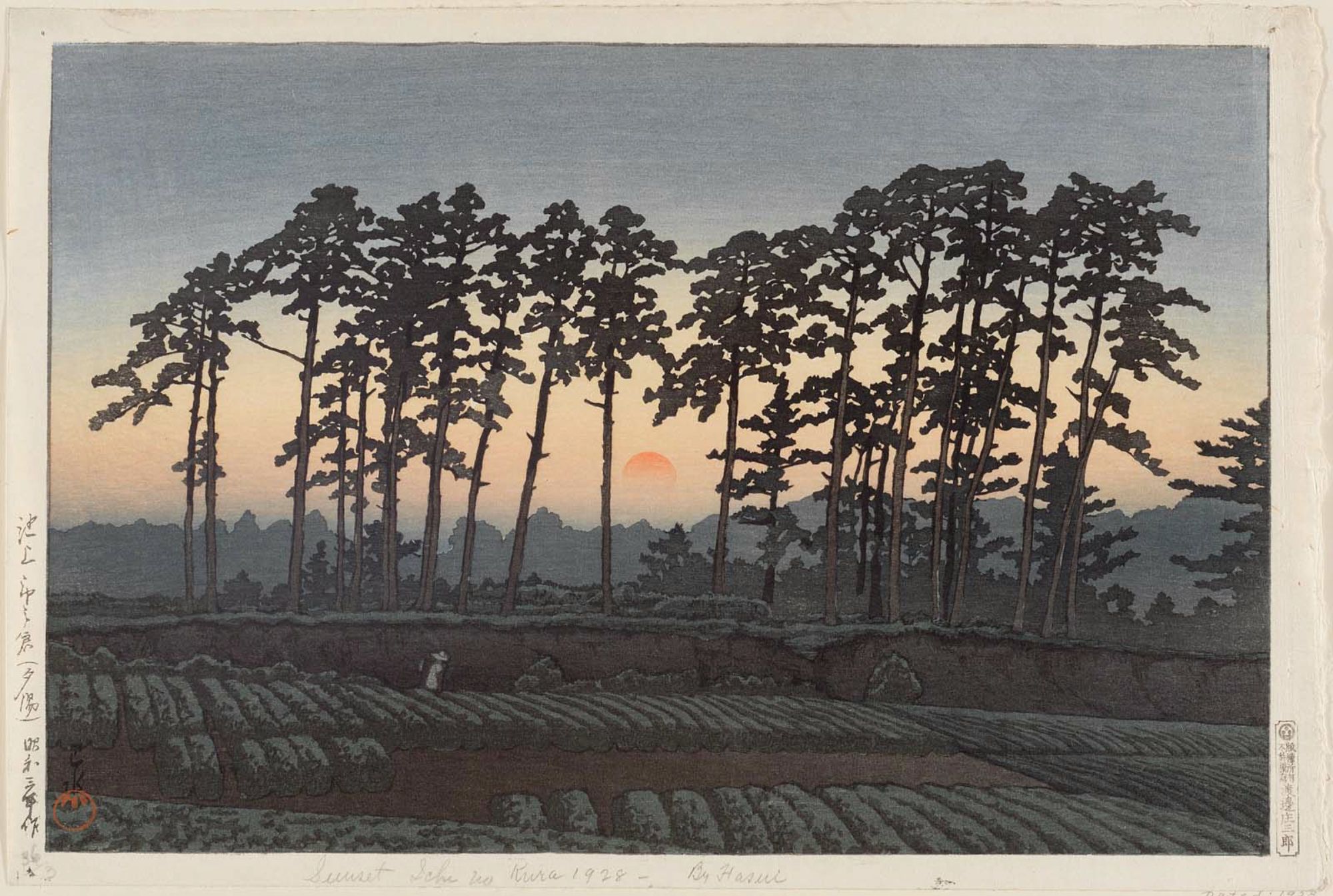 Hasui Kawase - Ichinokura at Ikegami, Evening (Ikegami Ichinokura [sekiyo]), from the series Twenty Views of Tokyo (Tôkyô nijûkei)