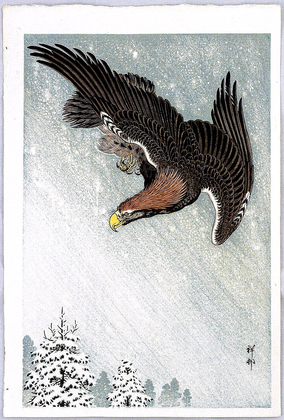 Ohara Koson - Eagle in Flight against a Snowy Sky