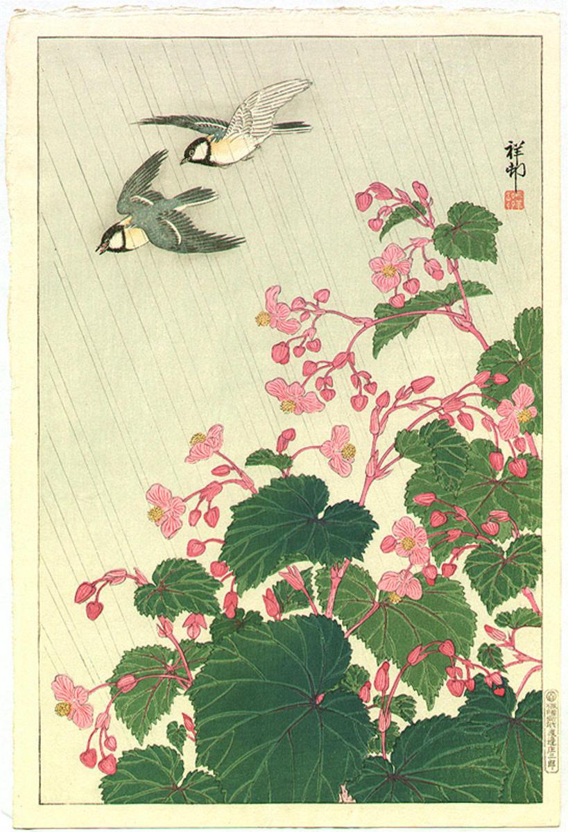 Ohara Koson - Two Birds and Begonia in Rain