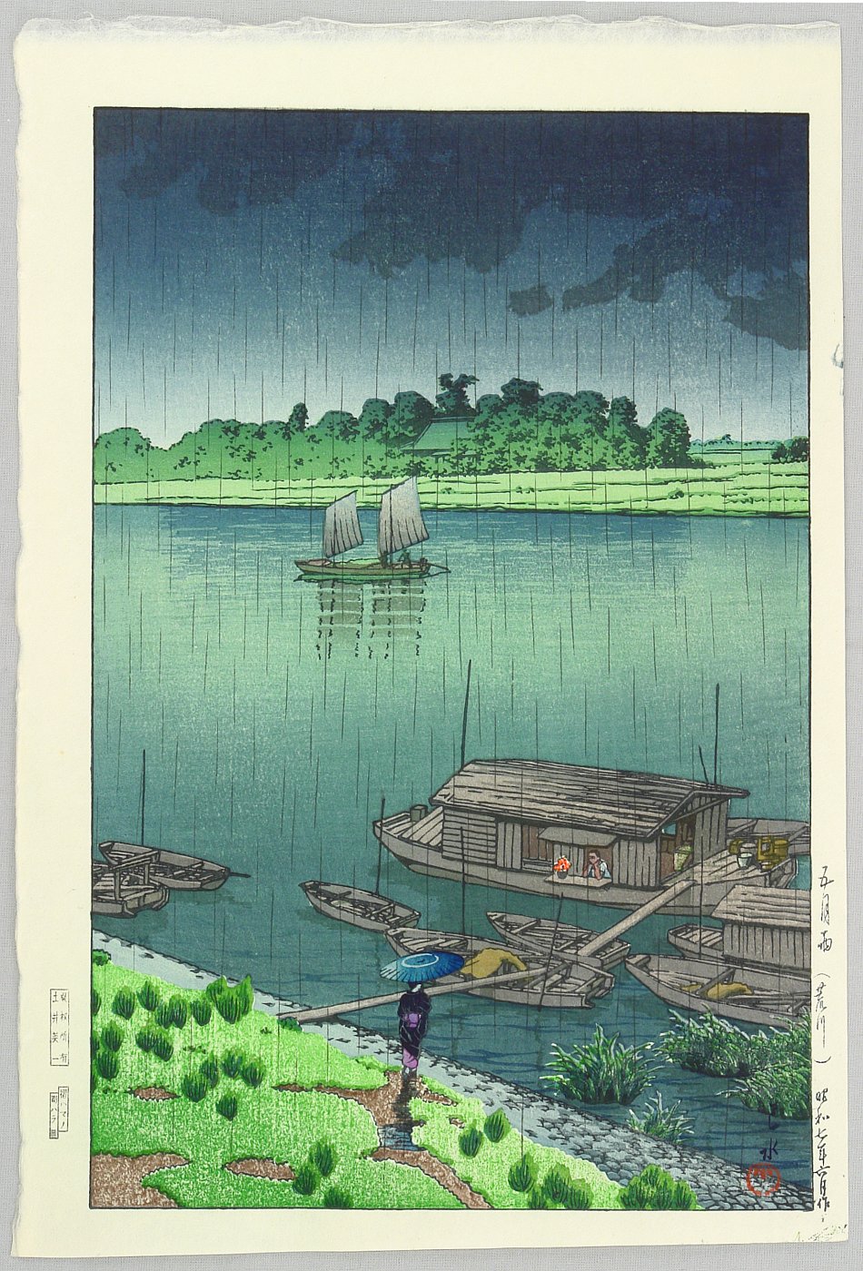 Hasui Kawase - Arakawa River in May Rain