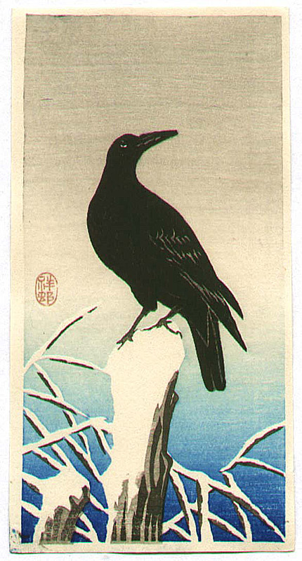 Ohara Koson - A Crow on a Snow Covered Tree Stump