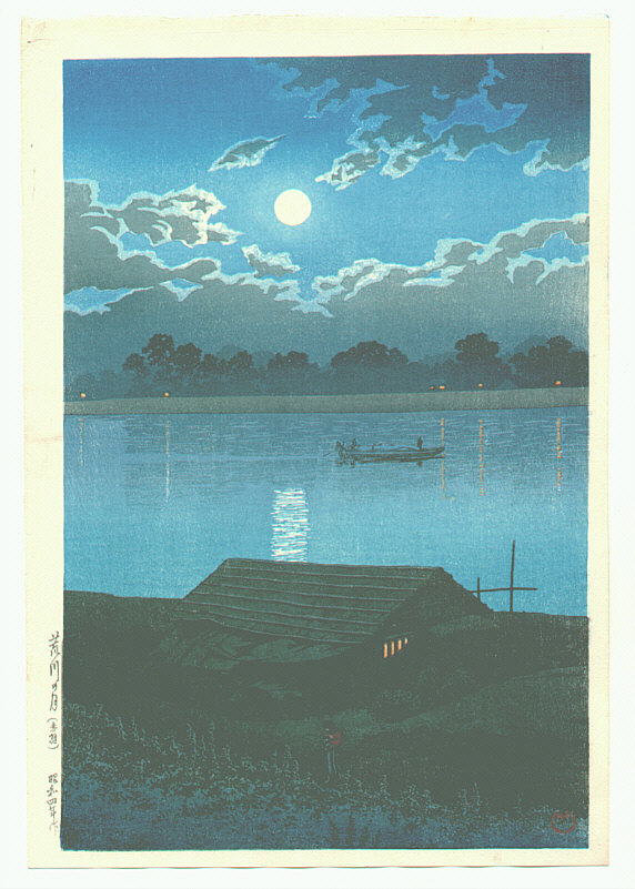 Hasui Kawase - Moon at Arakawa River