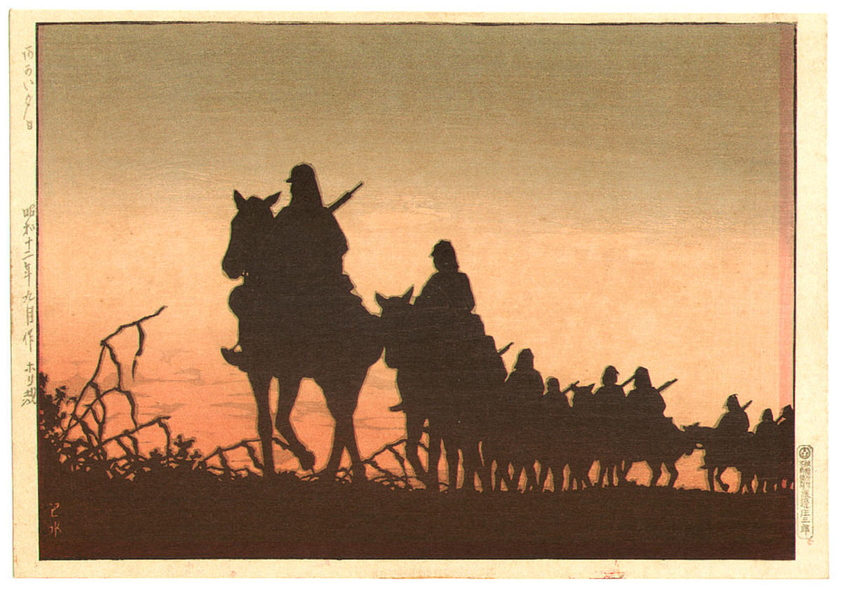 Hasui Kawase - Sunset- advance of the cavalry in Manchuria