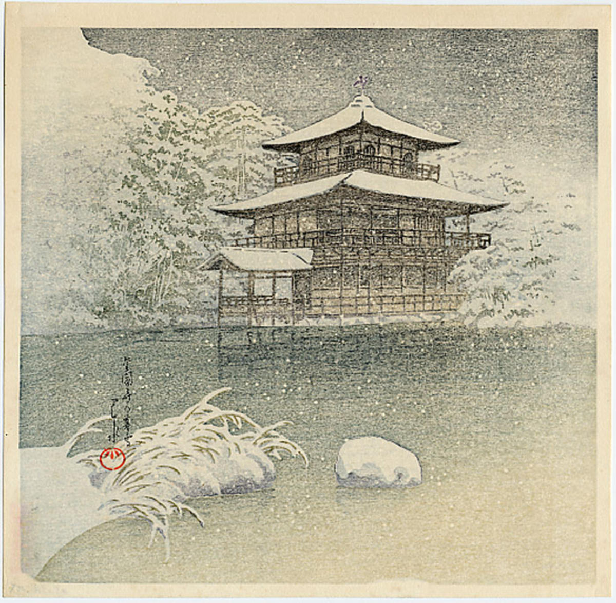 Hasui Kawase - Kinkakuji Temple, Evening Snow