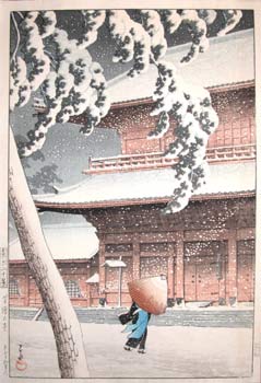 Hasui Kawase - Zojo Temple in Snow, Shiba