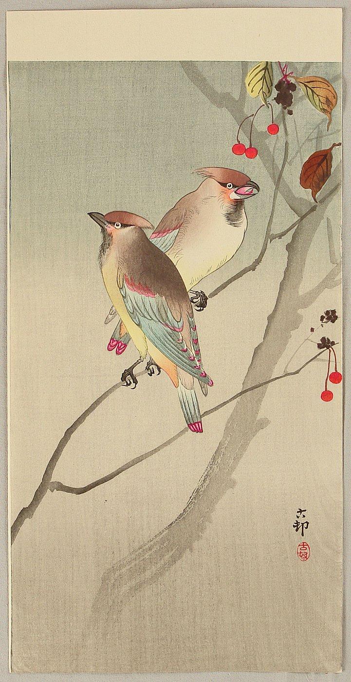 Ohara Koson - Two Japanese Waxwings in Autumn