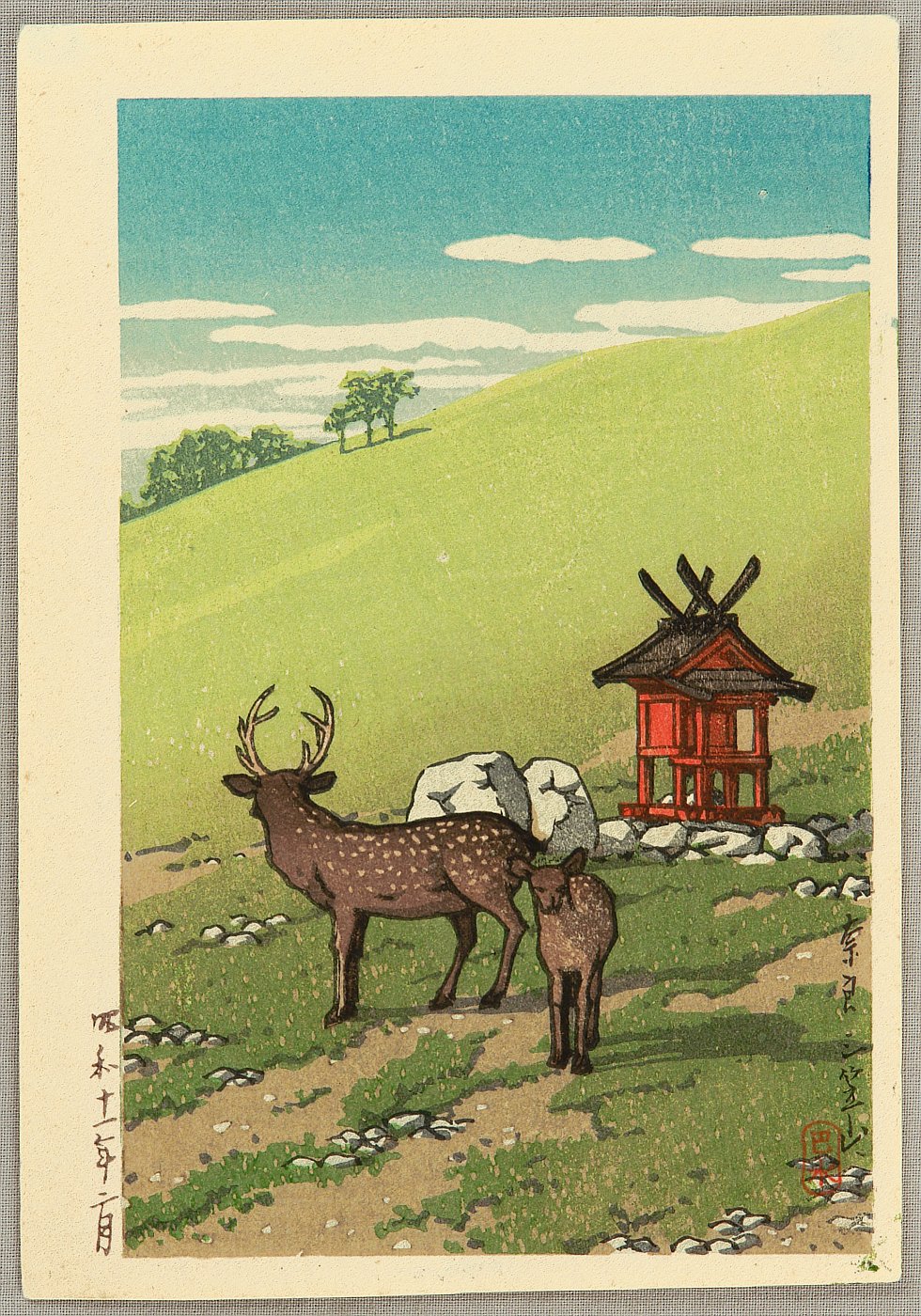 Hasui Kawase - Deer and Shrine