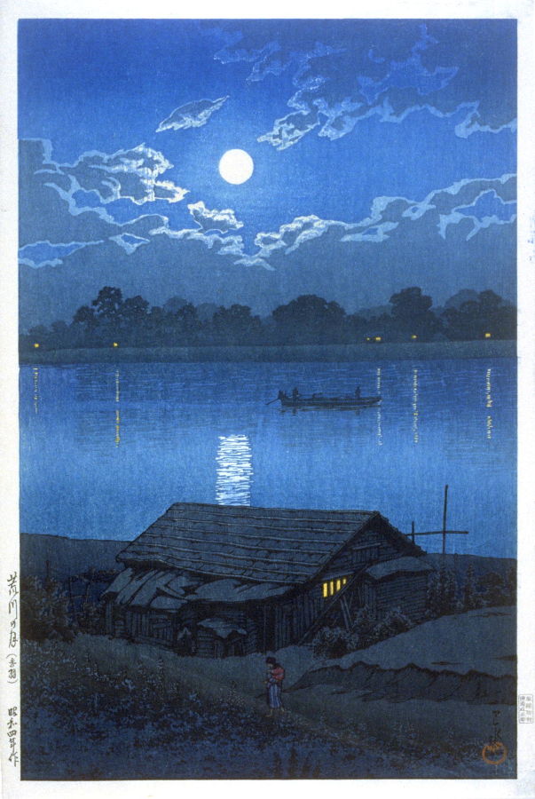 Hasui Kawase - Moon over the Ara River at Akabane