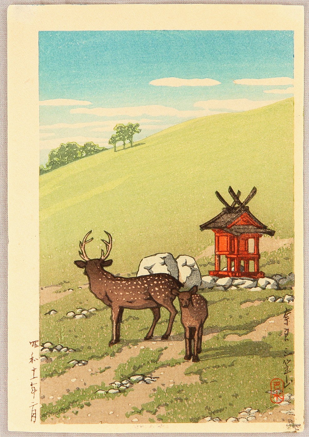 Hasui Kawase - Deer and Shrine