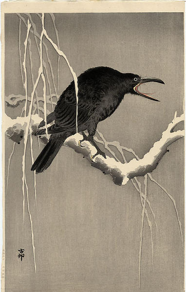 Ohara Koson - Cawing Crow on Snowy Branch