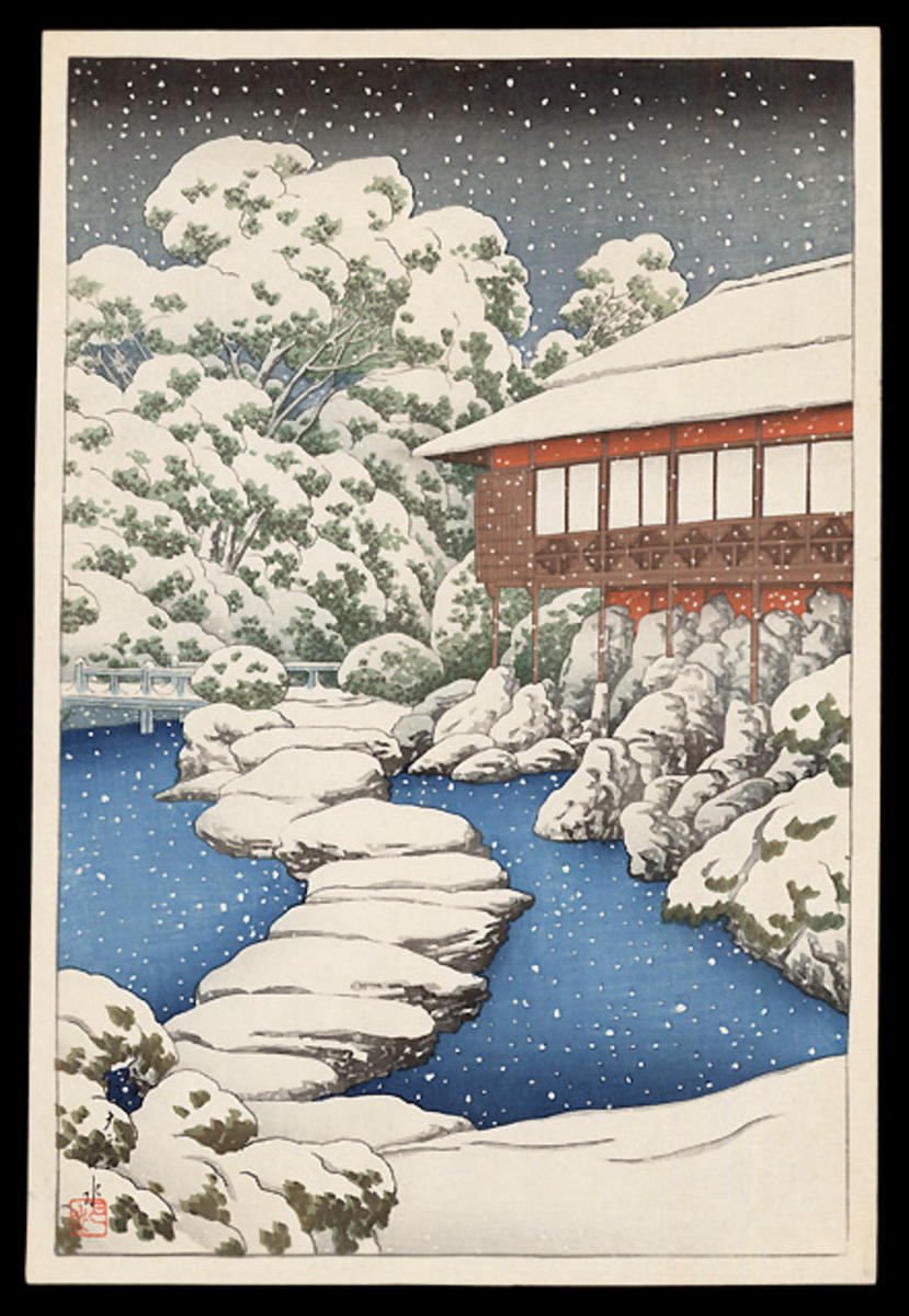 Hasui Kawase - Snow at a Guest House on Ponds Edge