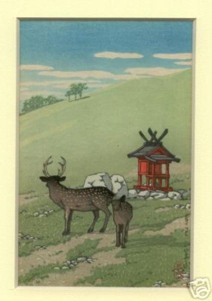 Hasui Kawase - Deer Strolling along Kasuga Shrine, Nara