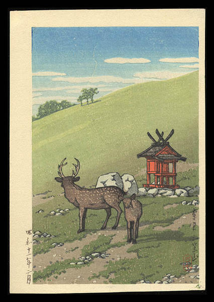 Hasui Kawase - Deer Strolling along Kasuga Shrine, Nara