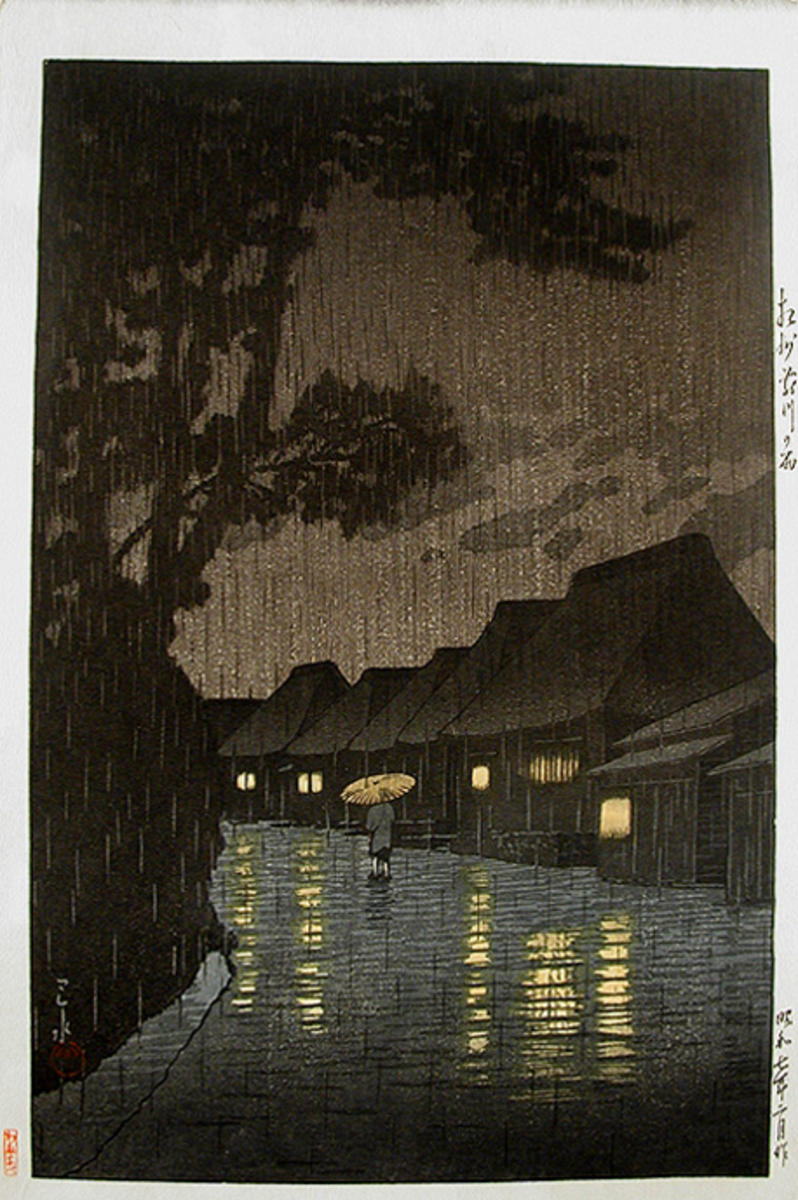 Hasui Kawase - Rainy Night at Maekawa — 相州前川の雨