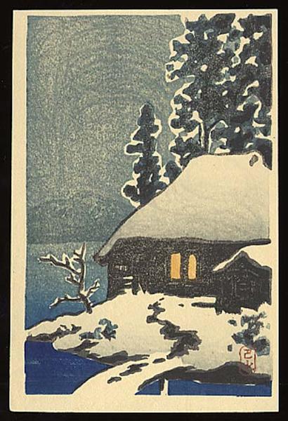 Hasui Kawase - Evening View of a Snow Covered Cottage