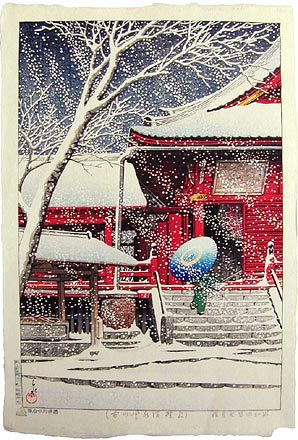 Hasui Kawase - Snow at Kiyomizu Hall in Ueno (Ueno Kiyomizudo no yuki)