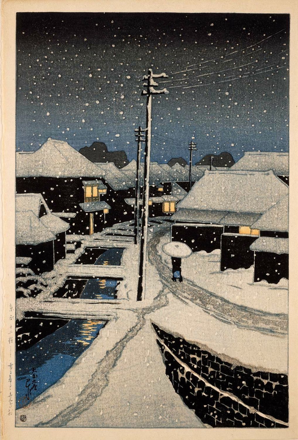 Hasui Kawase - Evening Snow at Terashima Village (Yuki ni kure no Terashima mura), from the series Twelve Scenes of Tokyo (Tôkyô jûnidai)