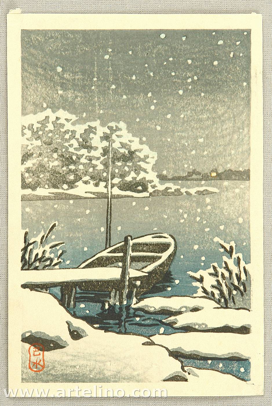 Hasui Kawase - Moored Boat in Snow