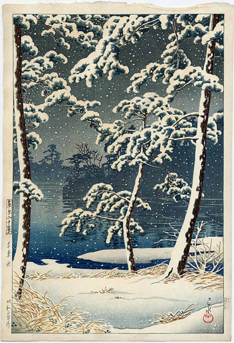 Hasui Kawase - Senzoku Pond In The Snow