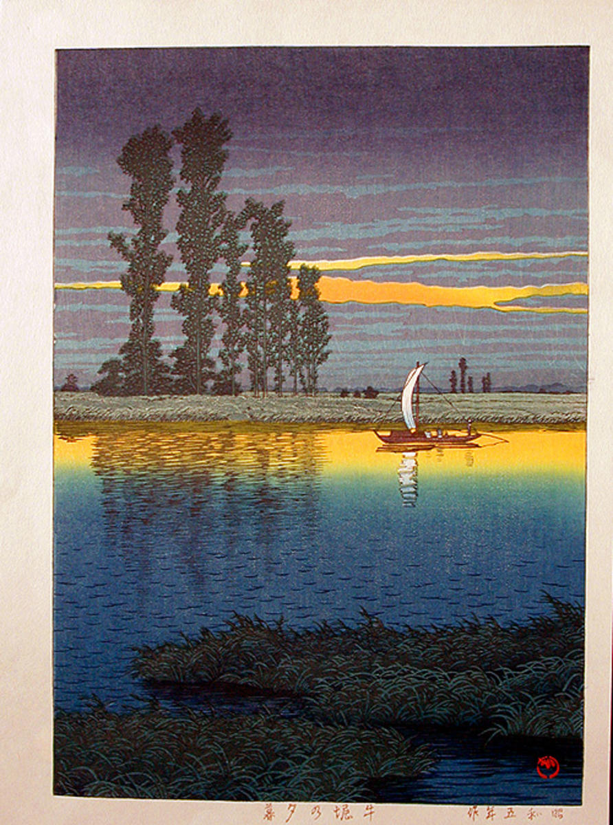 Hasui Kawase - Evening at Ushibori – Twilight at Ushibori