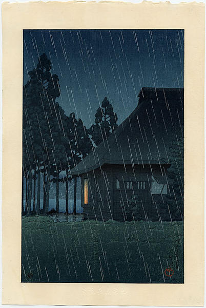 Hasui Kawase - Evening Rain at a Lakeside Tearoom